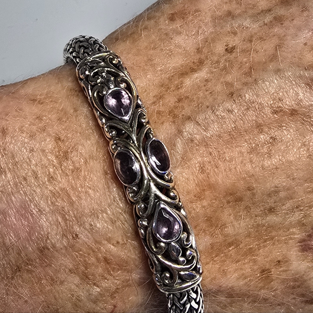 Samuel B. Behnam Sterling Silver and 18K Gold and Amethyst Bracelet. 7.5" - Picture 7 of 9
